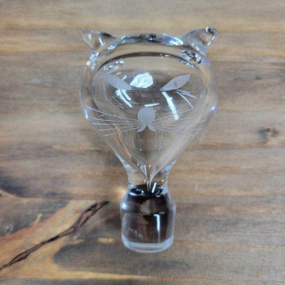 VTG Orrefors Cat Head Crystal Decanter Bottle MCM Barware Signed Sven Palmquist